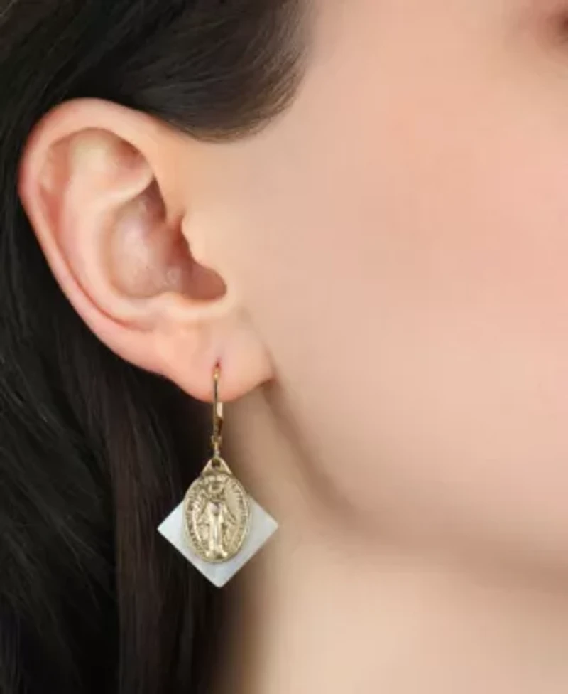 Gold Tone Mother Of Pearl Miraculous Medal Earrings