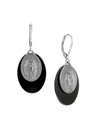 Silver Tone Oval Black Acrylic Stone Miraculous Medal Earrings