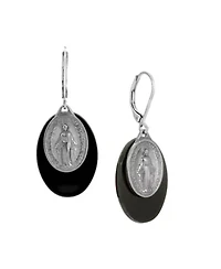 Silver Tone Oval Black Acrylic Stone Miraculous Medal Earrings