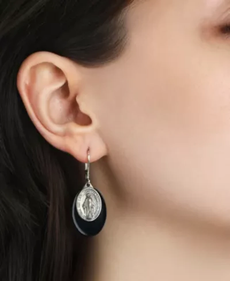 Silver Tone Oval Black Acrylic Stone Miraculous Medal Earrings