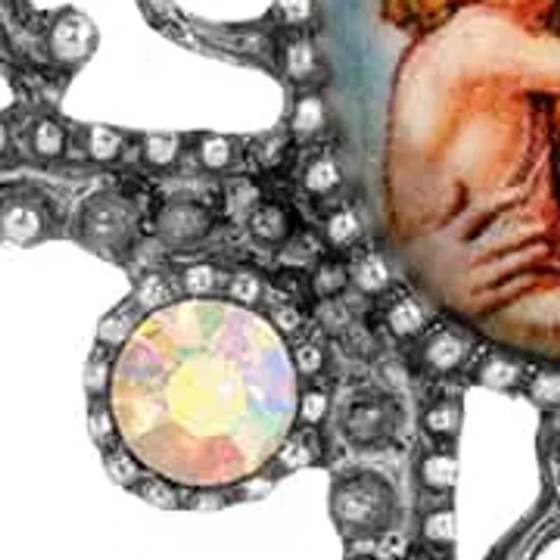 Silver Tone Mary & Child Decal AB Crystal Cross Necklace 28"