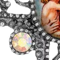 Silver Tone Mary & Child Decal AB Crystal Cross Necklace 28"