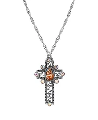 Silver Tone Mary & Child Decal AB Crystal Cross Necklace 28"