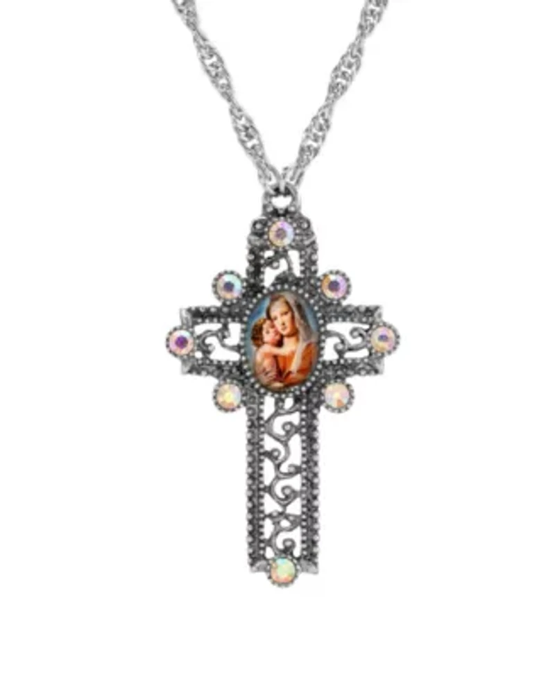 Silver Tone Mary & Child Decal AB Crystal Cross Necklace 28"