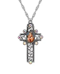 Silver Tone Mary & Child Decal AB Crystal Cross Necklace 28"