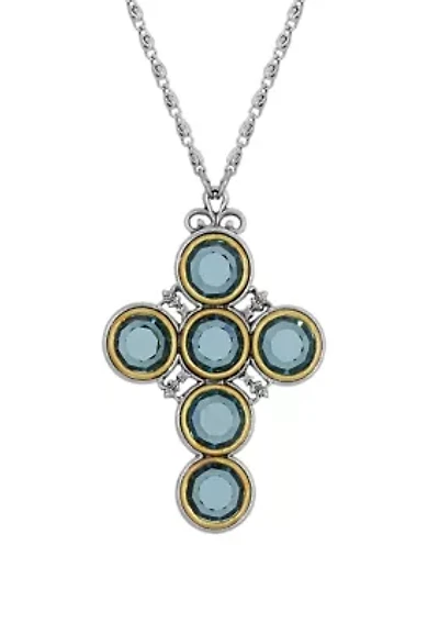 Pewter Cross with Round Blue Swarovski Crystal Necklace - 24"