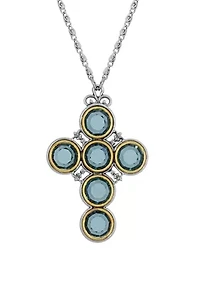 Pewter Cross with Round Blue Swarovski Crystal Necklace - 24"