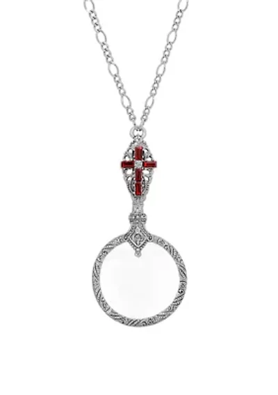 Pewter Red Crystal Cross Magnifier Necklace - 28"