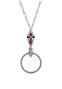 Pewter Red Crystal Cross Magnifier Necklace - 28"
