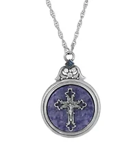 Silver Tone Round Sodalite Cross Necklace 28"