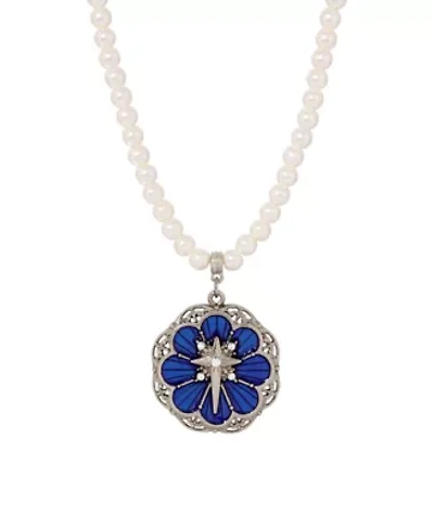 Silver Tone Star Of Bethlehem Blue Enamel Faux Pearl Necklace 15" Adj.
