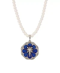 Silver Tone Star Of Bethlehem Blue Enamel Faux Pearl Necklace 15" Adj.