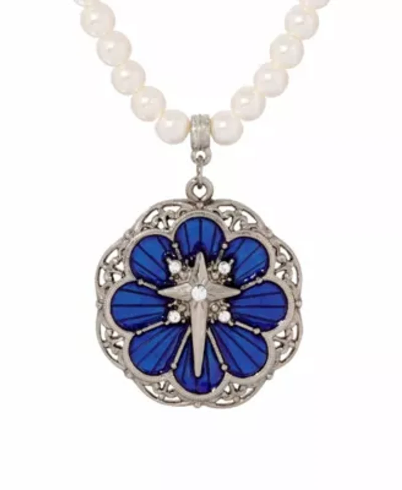 Silver Tone Star Of Bethlehem Blue Enamel Faux Pearl Necklace 15" Adj.