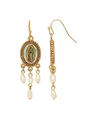 Gold Tone Our Lady of Guadalupe Faux Pearl Drop Earrings