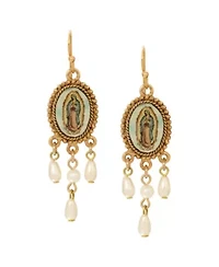 Gold Tone Our Lady of Guadalupe Faux Pearl Drop Earrings