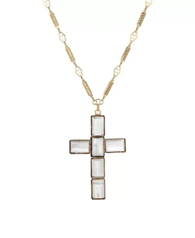 Gold Dipped Rectangular Crystal Cross Necklace