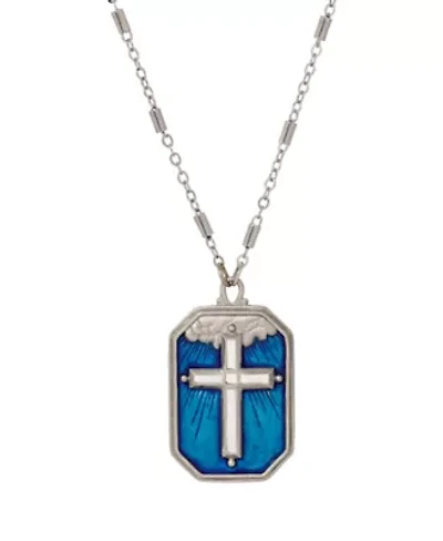 Silver Tone Blue Enamel Silver Cross Necklace 24"