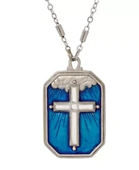 Silver Tone Blue Enamel Silver Cross Necklace 24"