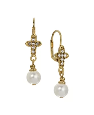 Gold Tone Crystal Cross With Faux Pearl Drop Earrings