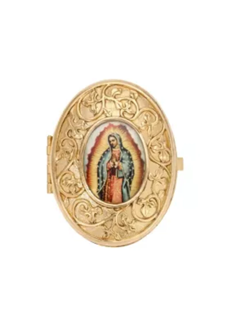 Gold Tone Our Lady of Guadalupe Decal Oval Pill Box