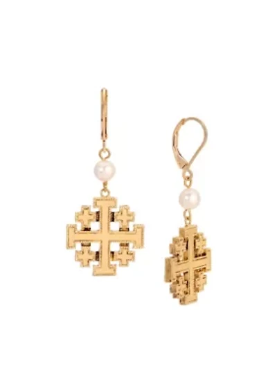Gold Tone Faux Pearl Bead Jerusalem Cross Earrings