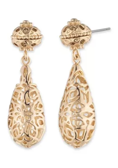 Gold Tone Filigree Puffy Drop Earrings