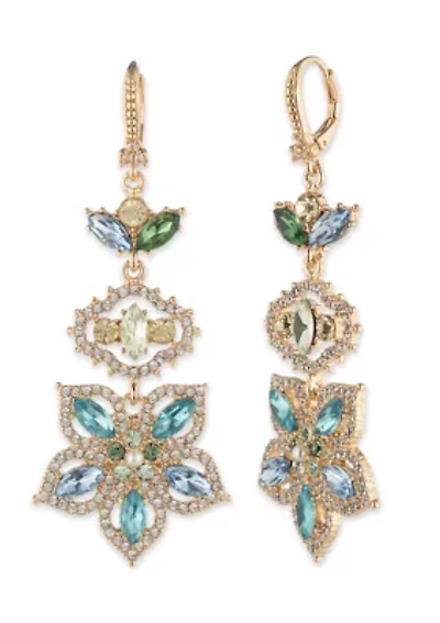 Gold Tone Blue Large Floral Linear Earrings