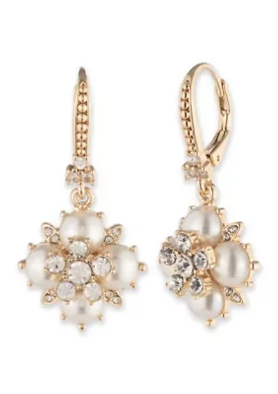 Gold Tone White Pearl Drop Earrings