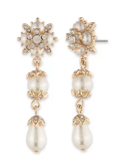 Gold Tone White Pearl Linear Earrings
