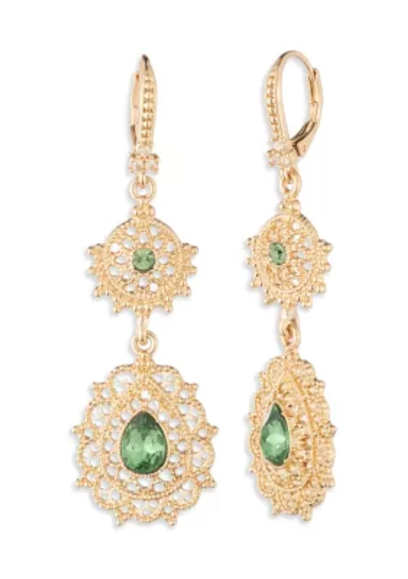 Gold Filagree Double Drop Green Crystal Earrings