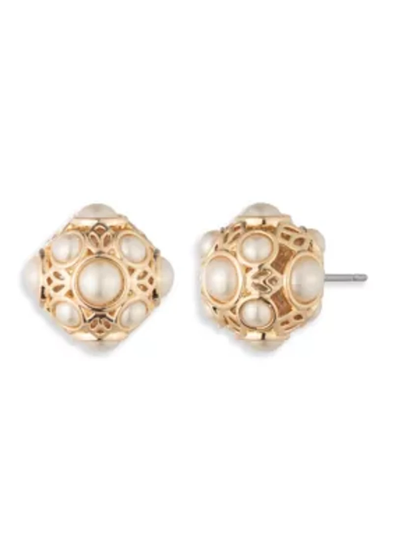Gold Tone Filigree Pearl Stud Earrings