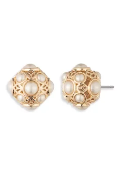 Gold Tone Filigree Pearl Stud Earrings