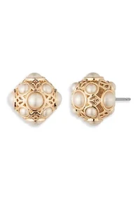 Gold Tone Filigree Pearl Stud Earrings