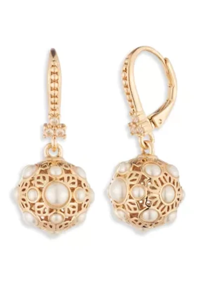 Gold Tone White Pearl Drop Earrings