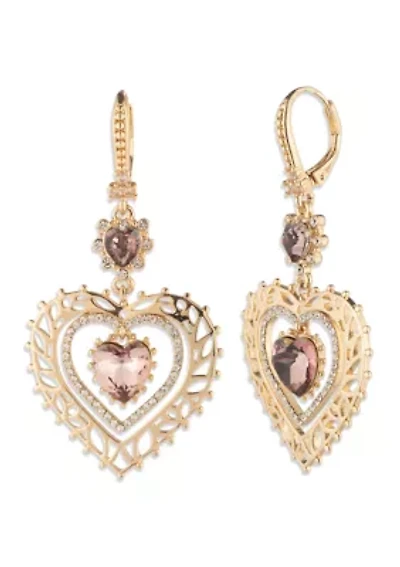 Pink Crystal Heart Drop Earrings