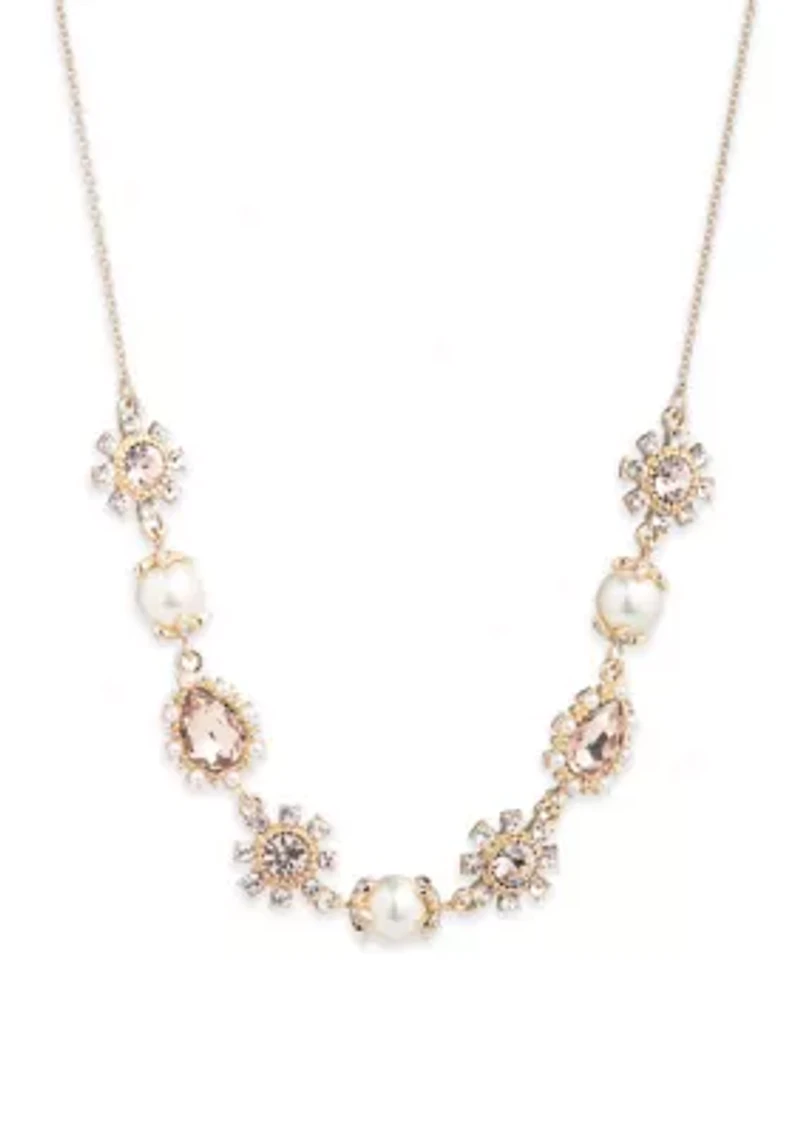 Gold Tone Pink Pearl Frontal Necklace