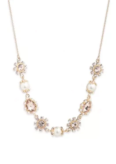 Gold Tone Pink Pearl Frontal Necklace