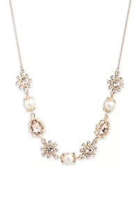 Gold Tone Pink Pearl Frontal Necklace