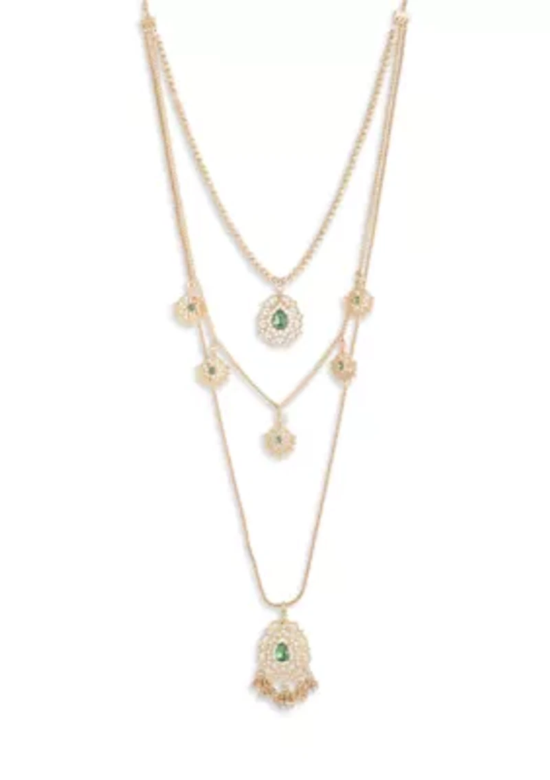 Gold Multi-layered Green Crystal Pendant Necklace