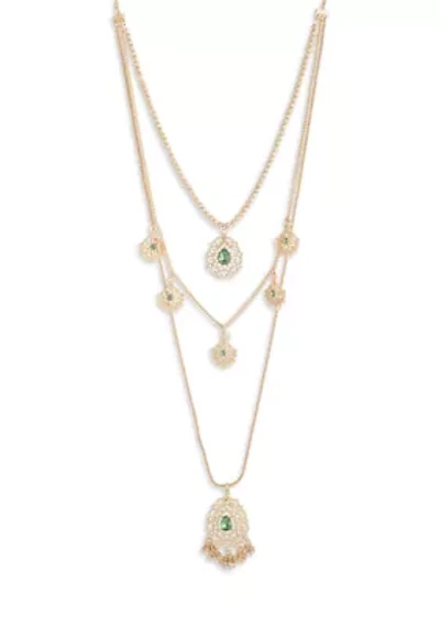 Gold Multi-layered Green Crystal Pendant Necklace