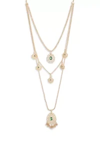 Gold Multi-layered Green Crystal Pendant Necklace