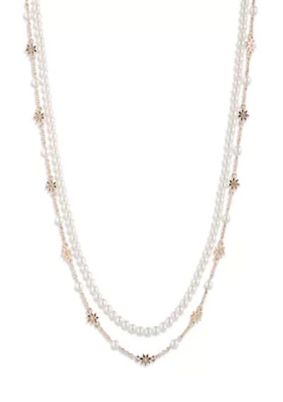 White Beaded Multi-Row Star Pendant Necklace