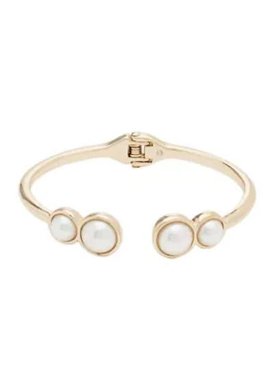 Gold Tone Pearl Hinge Bangle Bracelet 