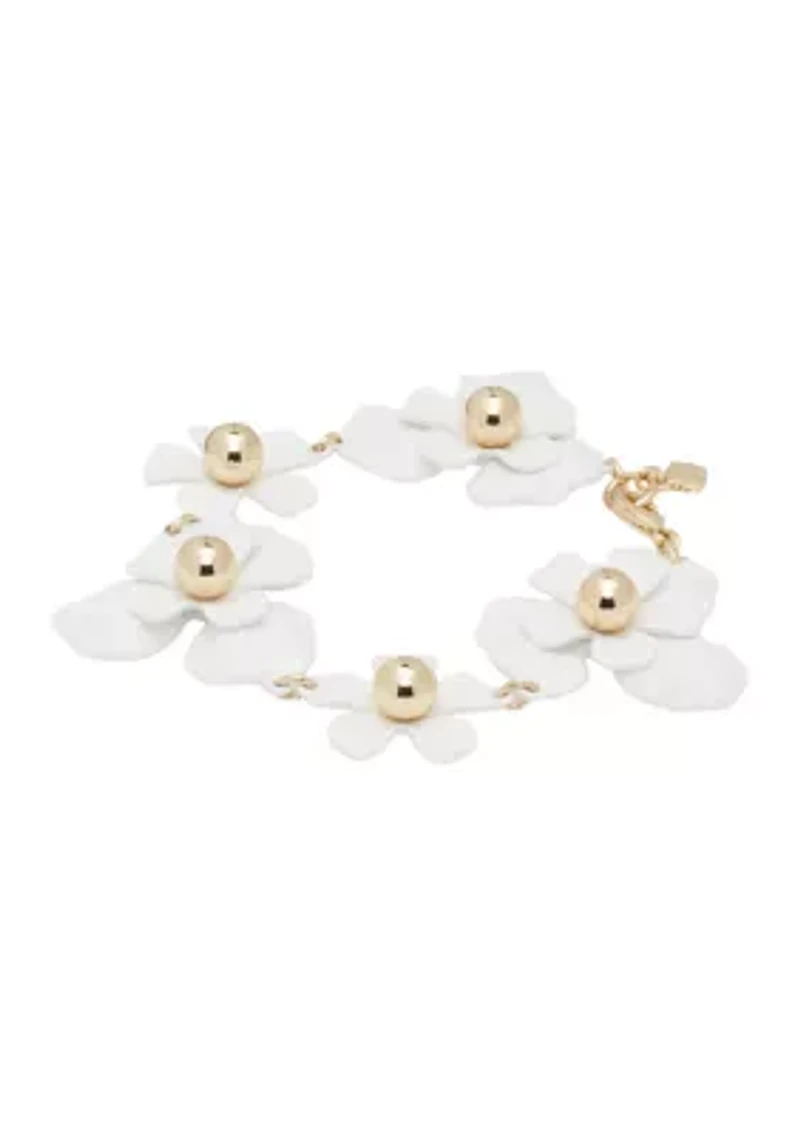 Gold Tone White Enamel Flower Line Bracelet