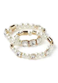 Gold Tone Pearl Crystal Stretch Bracelet Set
