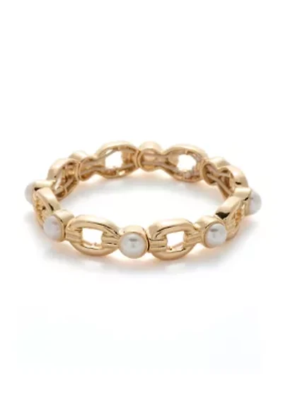 Gold Tone Pearl Link Stretch Bracelet
