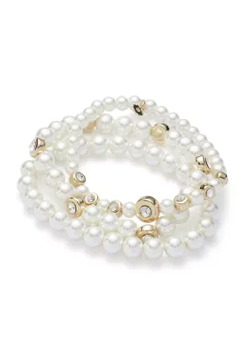 Gold Tone Pearl Bexel Stretch Bracelet Set
