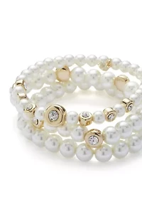 Gold Tone Pearl Bexel Stretch Bracelet Set