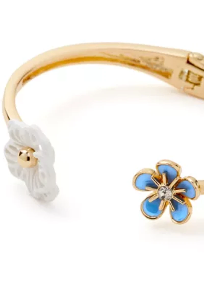 Gold tone Blue Flower Hinge Bangle Bracelet