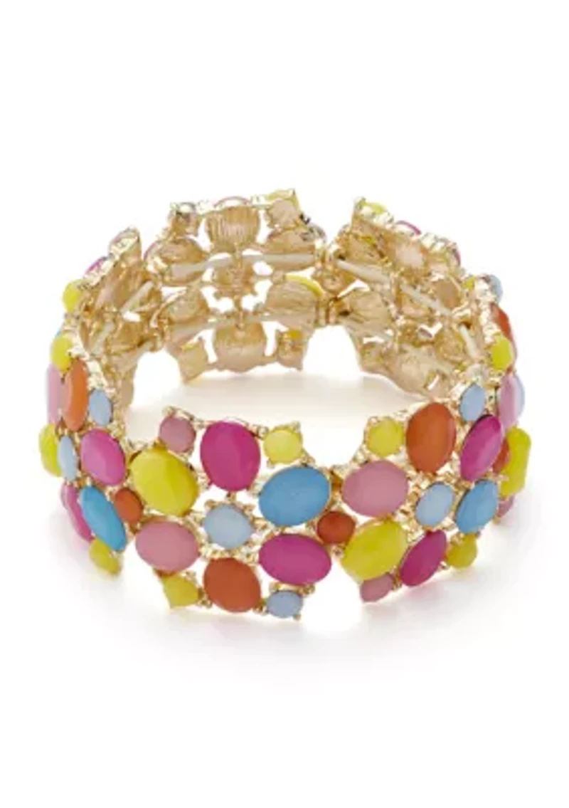 Gold Tone Multi Milky Cluster Stretch Bracelet